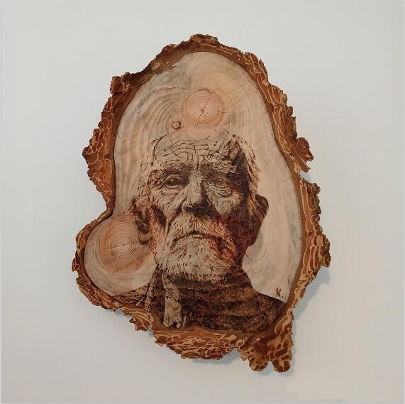 Oeuvre pyrogravure gueules de bois Arnaud Keraudy