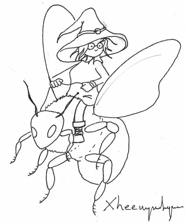 dessin Xhee insecte volante et cavalier