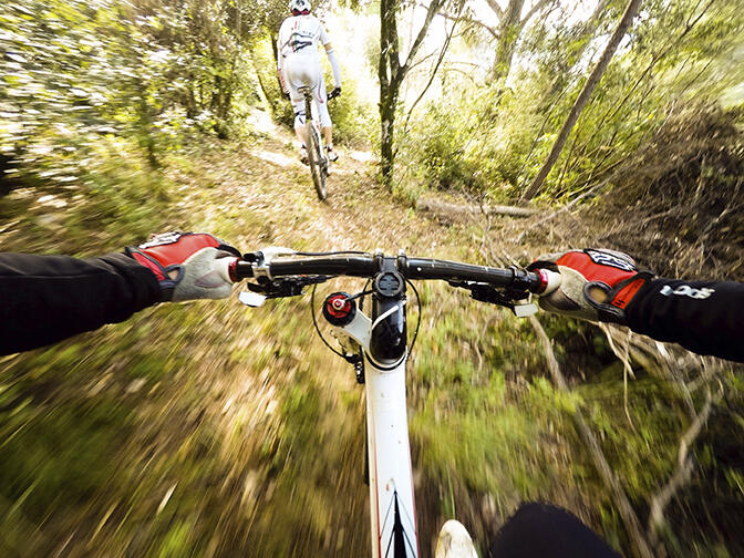 guidando la bicicletta nel bosco. coppia di ciclisti