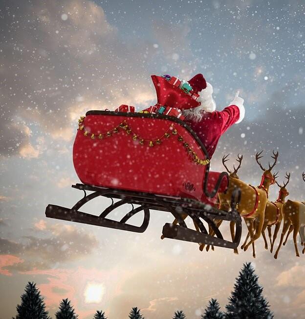 Santa Claus riding on sleigh with gift box against snow falling on fir tree forest