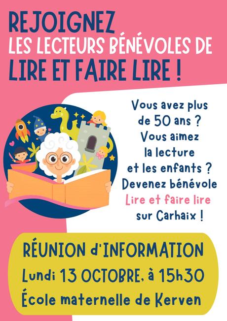 Réunion d'information bénévoles Lire et faire lire à kerven le 13 oct