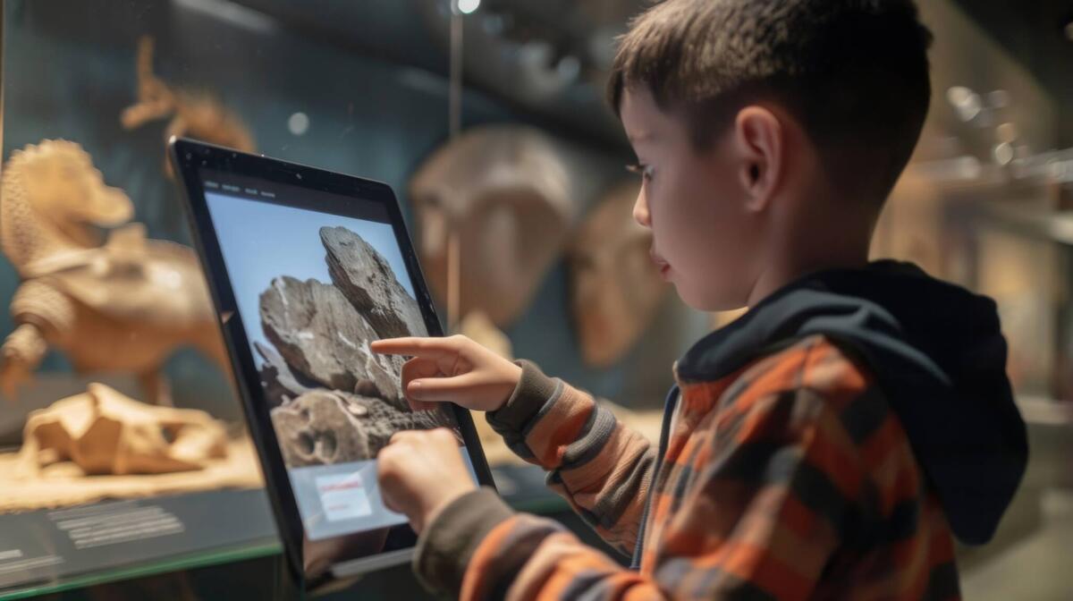 Young Boy Exploring Artifacts With Tablet at Museum During Educational Visit