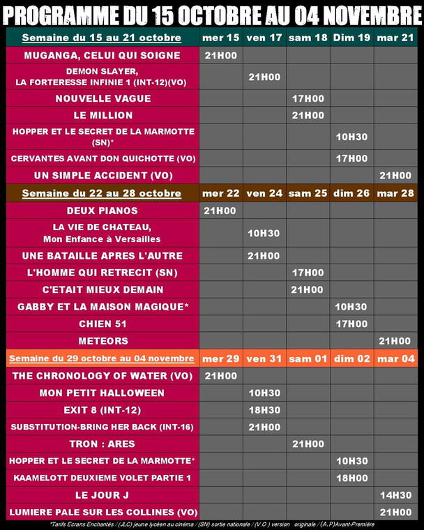 Programme cinéma du 15 oct au 4 nov