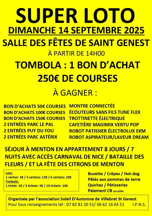 Loto de l'association Soleil D'automne de Villebret / Saint-Genest_Saint-Genest