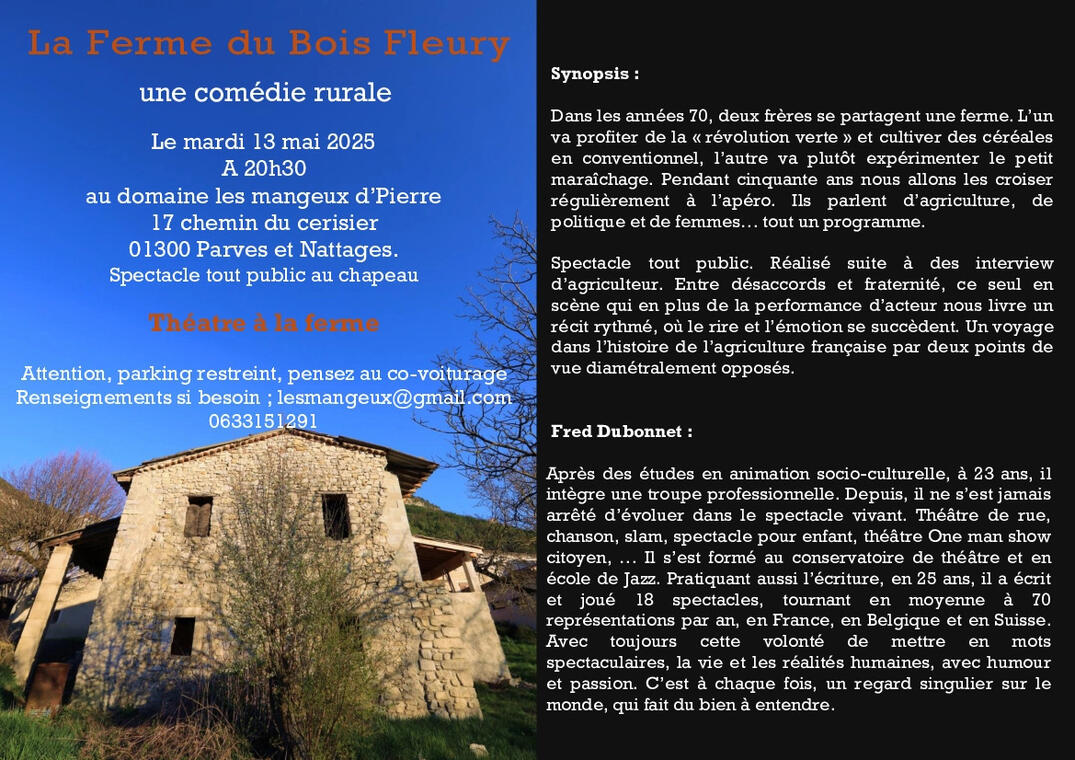 Soirée théâtre "La Ferme du Bois Fleury" au domaine Les Mangeux d'Pierre à Poisson_Parves et Nattages
