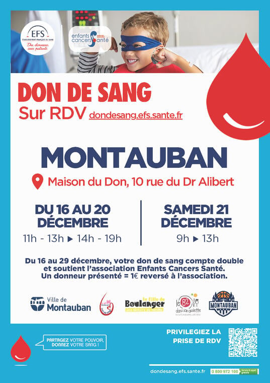 Don du sang - L'EFS soutient Enfants Cancers Santé_Montauban