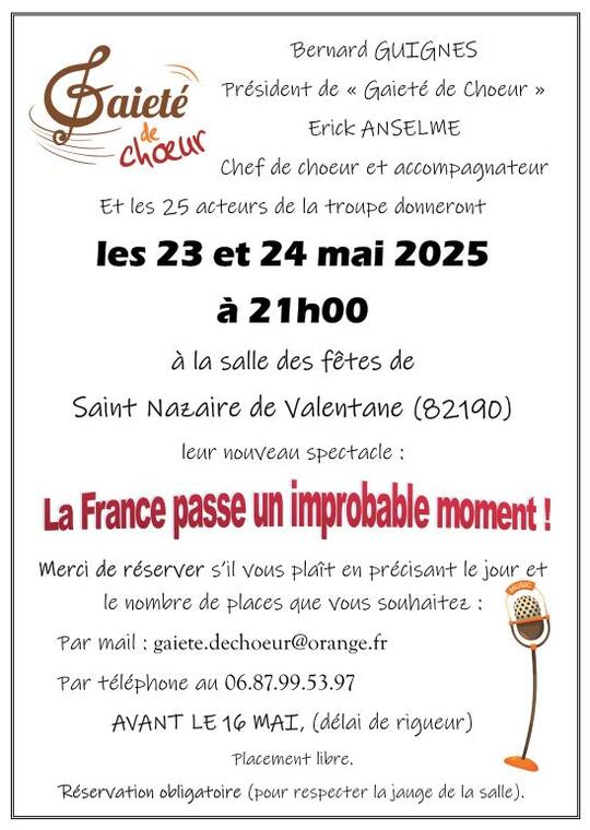 Spectacle de La Troupe Gaieté de Chœur : La France passe un improbable moment !_Saint-Nazaire-de-Valentane