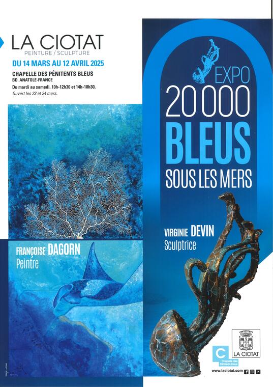 Exposition de peinrures et de sculptures 20 000 bleus sous les mers de Virginie Devin et Françoise Dagorn_La Ciotat