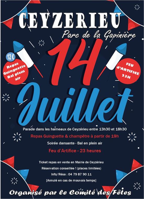 Fête du 14 Juillet : parade, repas guiguette, bal et feu d'artifice_Ceyzérieu