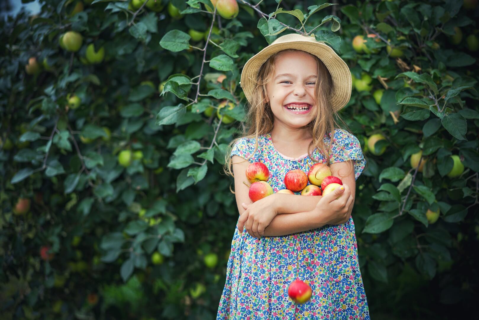 Little girl in the apple garden