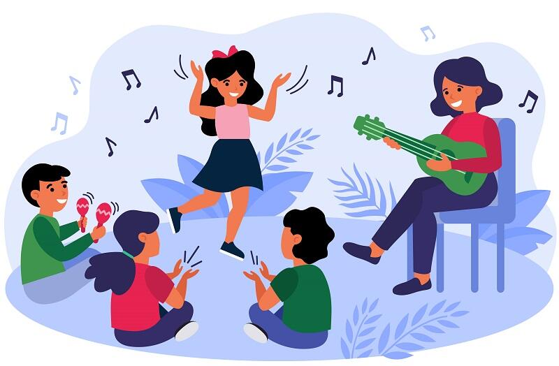 Happy kids having fun during their music class