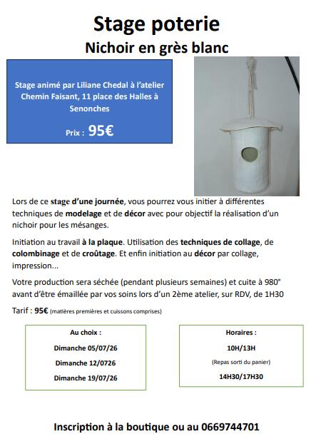 Stage création de nichoir en grès - à partir du 5 juillet - Senonches