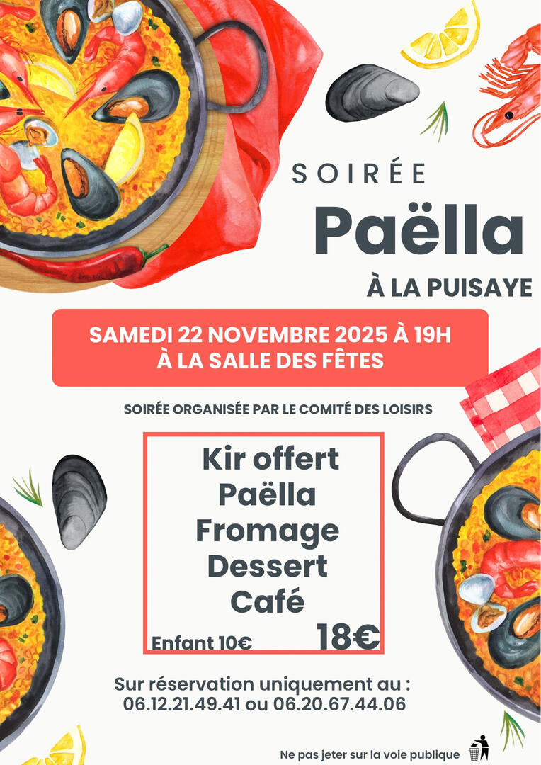 soirée paella la puisaye 22 novembre