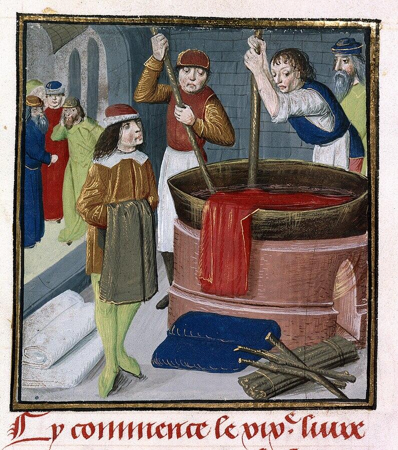 Dyers_soaking_red_cloth_in_a_heated_barrel_-_Des_Proprietez_des_Choses_(Volume_II)_(1482),_f.269_-_BL_Royal_MS_15_E_III