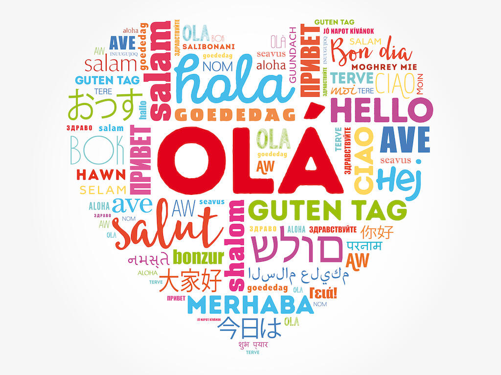 OLA (Hello Greeting in Portuguese) love heart word cloud in different languages of the world