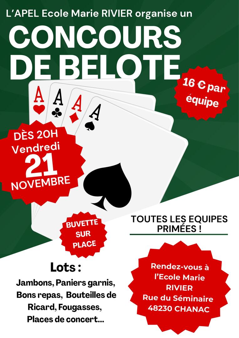 Concours de belote de l'Apel 2cole Marie Rivier