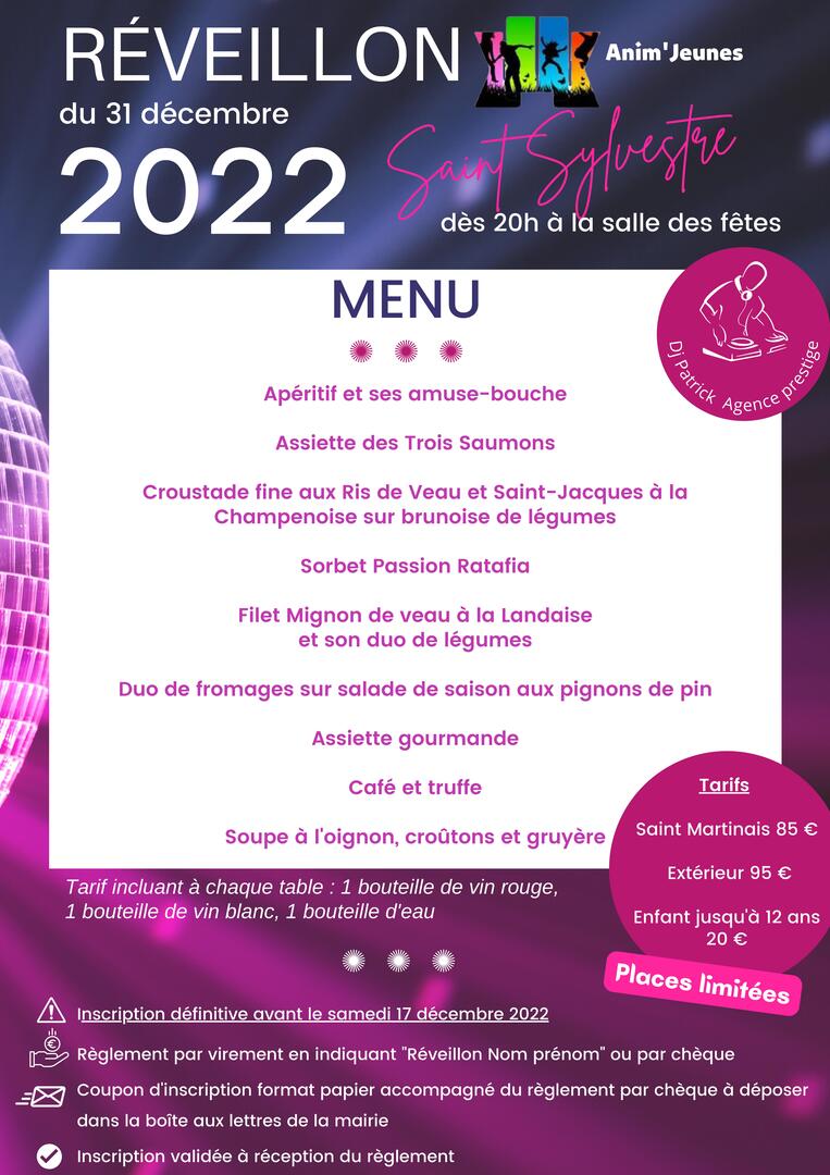 Affiche Réveillon Anim'Jeunes Menu