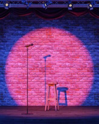 Empty stand-up stage with a microphone and spotlights. An empty stage with bricks on background. 3d