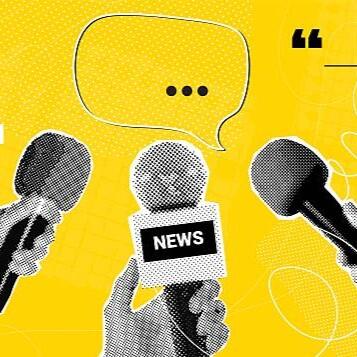 Interview collage. Journalist hand hold mic, press tv presenter radio podcast talk show news media journalism microphone halftone newspaper retro pop art, exact vector illustration original artwork