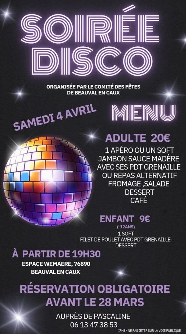 Soirée Disco 4 avril 26 Beauval en Caux