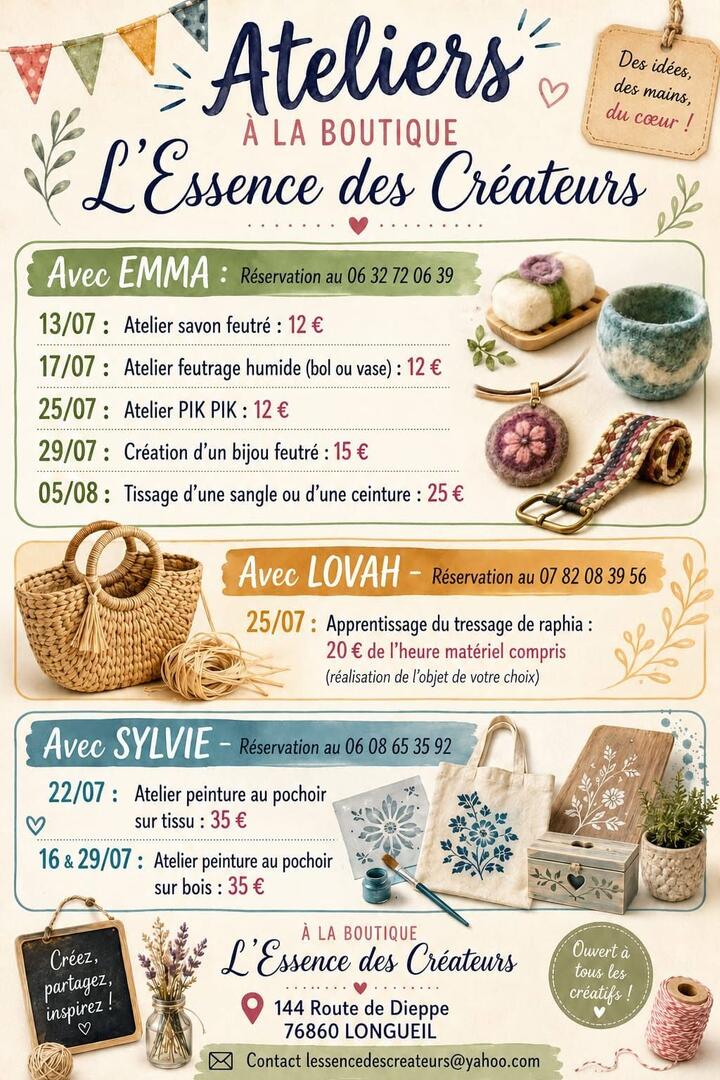 Dates d'ateliers à l'essence des créateurs