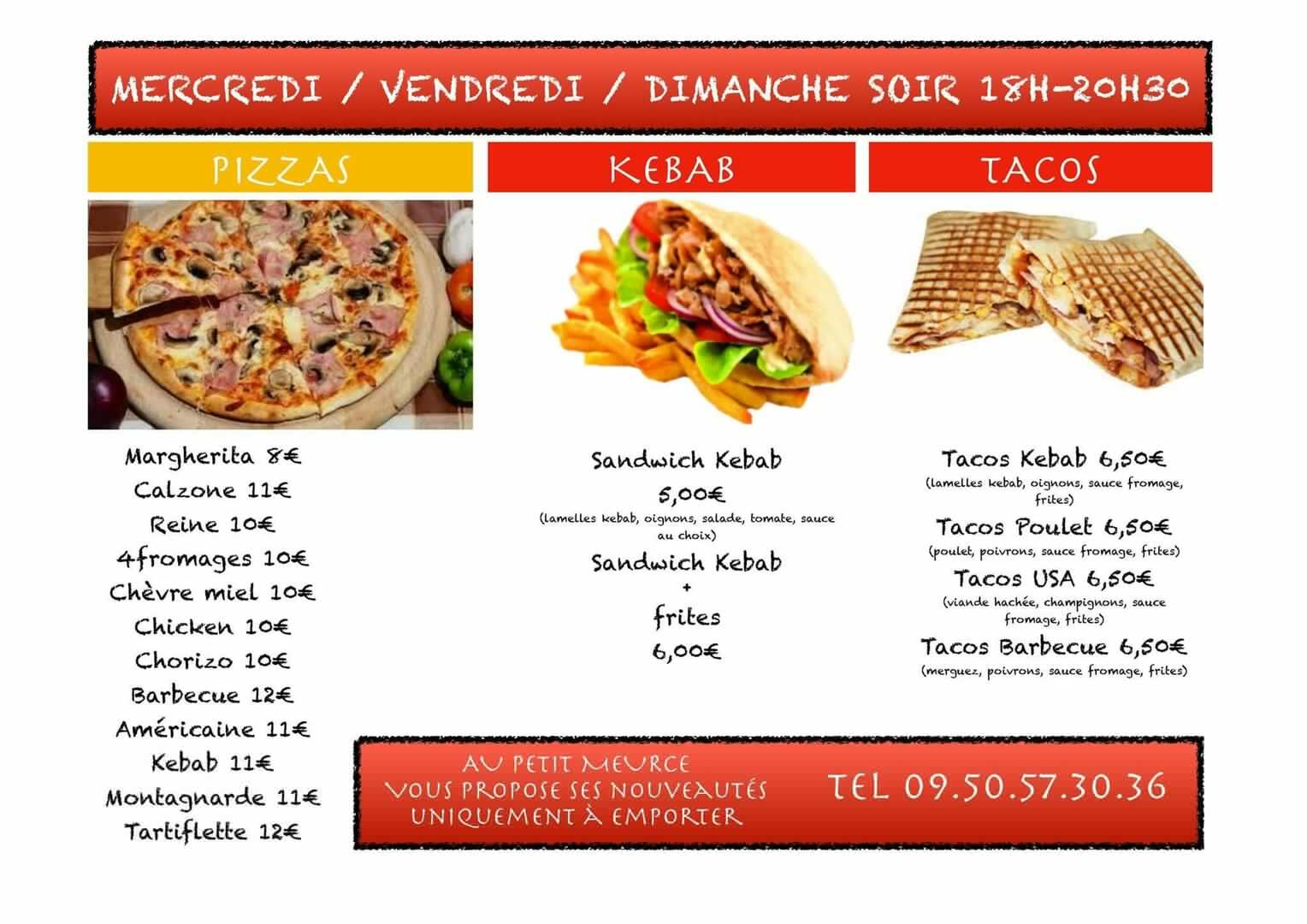 Carte pizzas, tacos et kebab