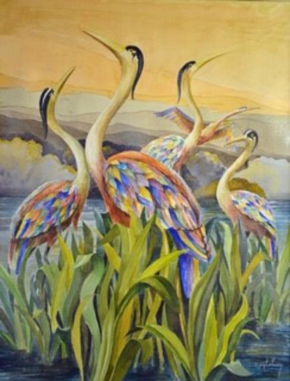 Les Hérons, G. lehuen, Aquarelle, 65x50