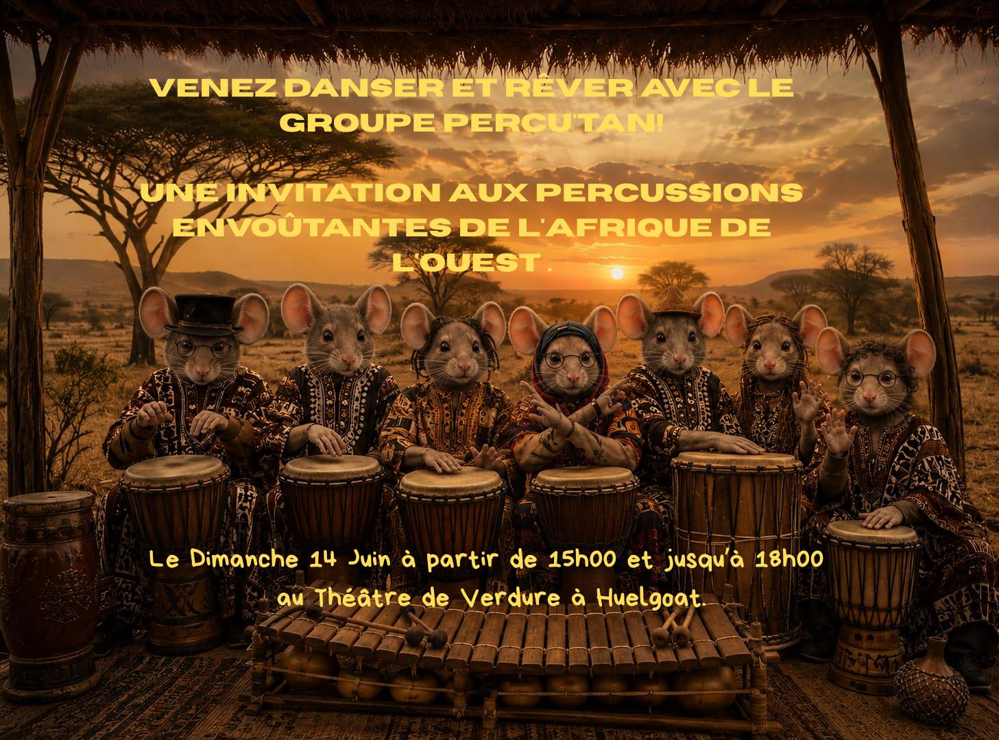 Venez danser et rêver avec le groupe Percu'Tan! Une invitation aux percussions envoûtantes de l'Afrique de l'Ouest Le Dimanche 14 Juin à partir de 15h00 et jusqu’à 18h00 au Théâtre de Verdure à Huelgoat - 1