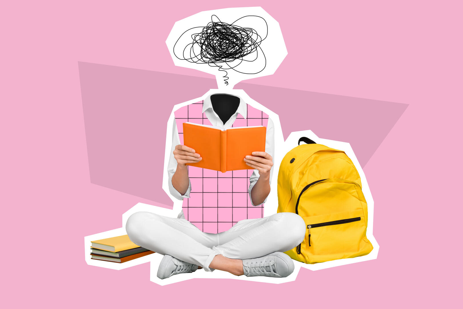 Collage photo creative artwork sketch of weird person tired schoolgirl sit floor read book decide consider isolated on painting background