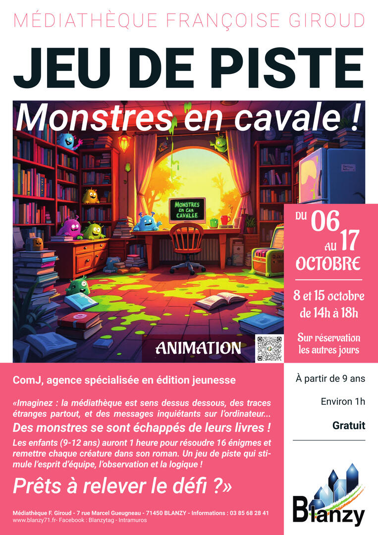 Affiche jeu de piste Monstres en cavale - Médiathèque - 6 au 17 octobre 2025