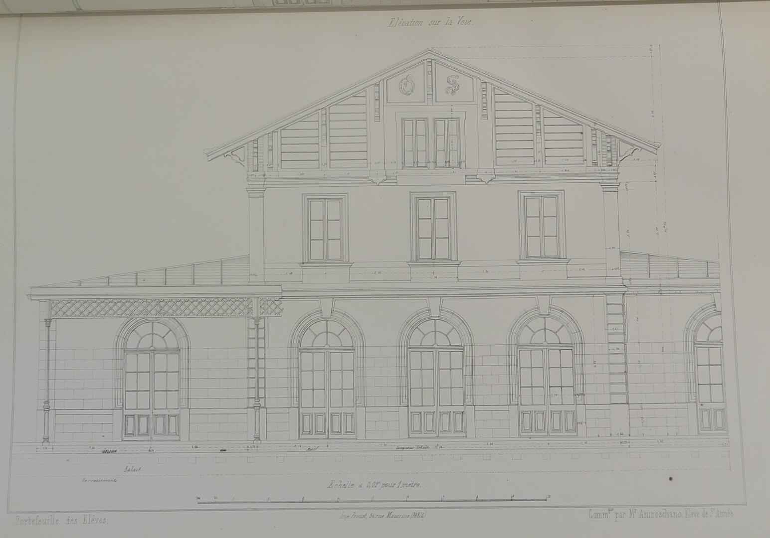 Projet de gare – élévation sur la voie / M Aninoschano. Portefeuille des travaux