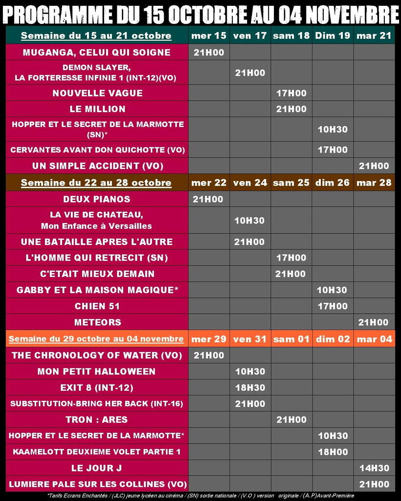 Programme cinéma du 15 oct au 4 nov