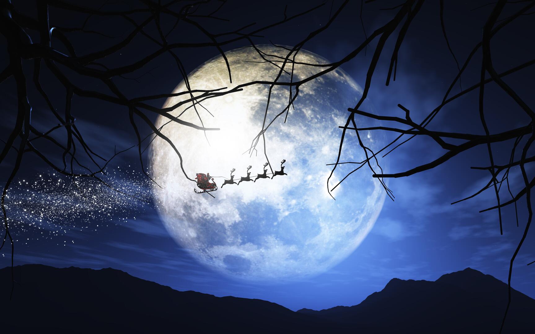 Santa Claus and his sleigh flying in a moonlit sky