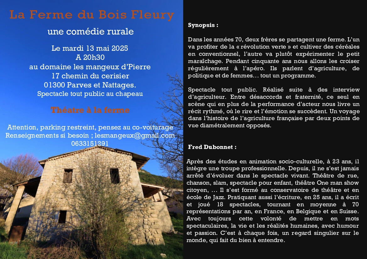 Soirée théâtre "La Ferme du Bois Fleury" au domaine Les Mangeux d'Pierre à Poisson_Parves et Nattages