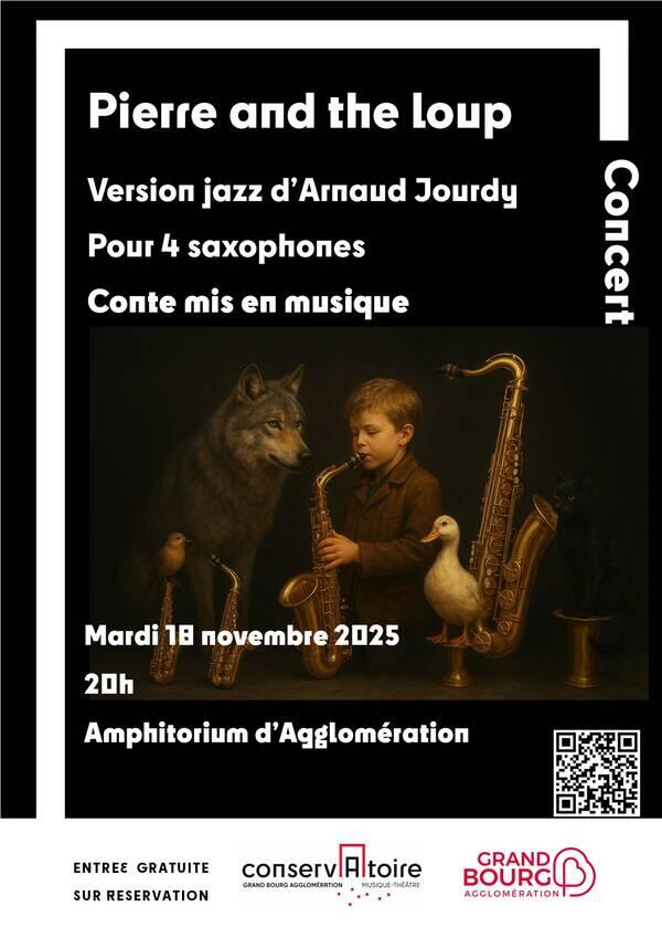 Affiche_Concert conté Pierre and the loup version jazz, d'Arnaud Jourdy pour 4 saxophones