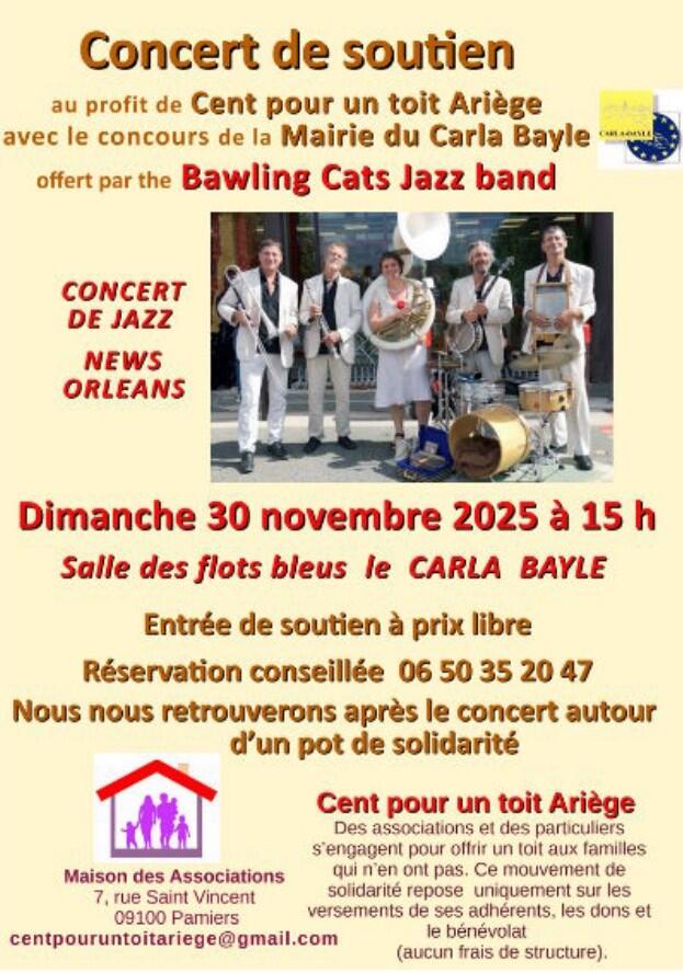 Concert de BAWLING CATS JAZZ BAND au profit de Cent pour un Toit Ariège_Carla-Bayle