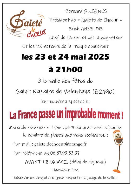 Spectacle de La Troupe Gaieté de Chœur : La France passe un improbable moment !_Saint-Nazaire-de-Valentane