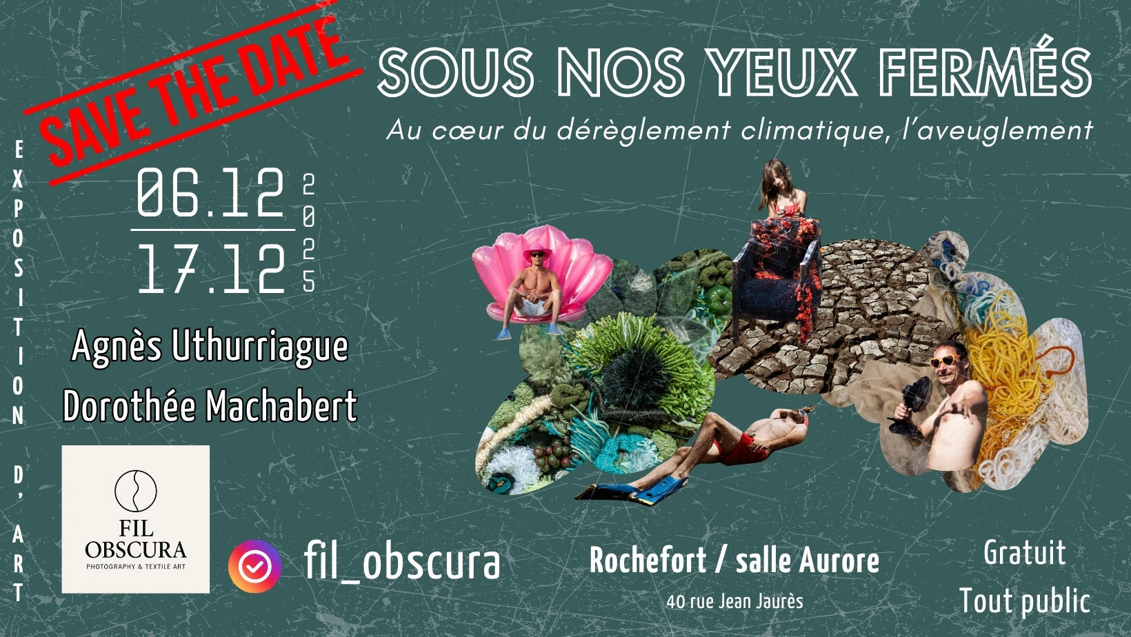 bannière Exposition "Sous nos yeux fermés, au coeur du dérèglement climatique l'aveuglement."