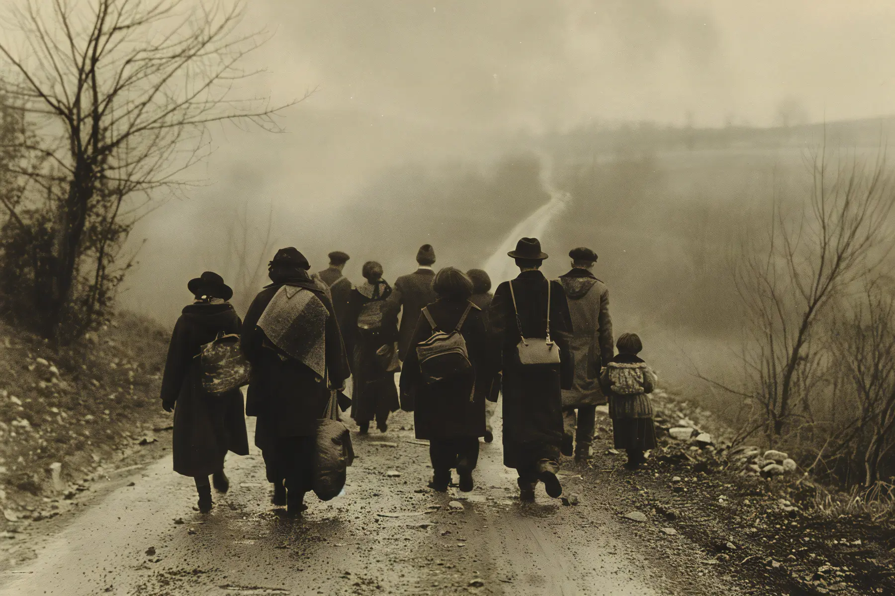 Stock photo of a group of people walking down a road, in the style of post war, poignant, associated press photo, jewish life scenes, piles stacks, italian landscapes, folkloric, --ar 3:2 --style raw --stylize 250 --v 6