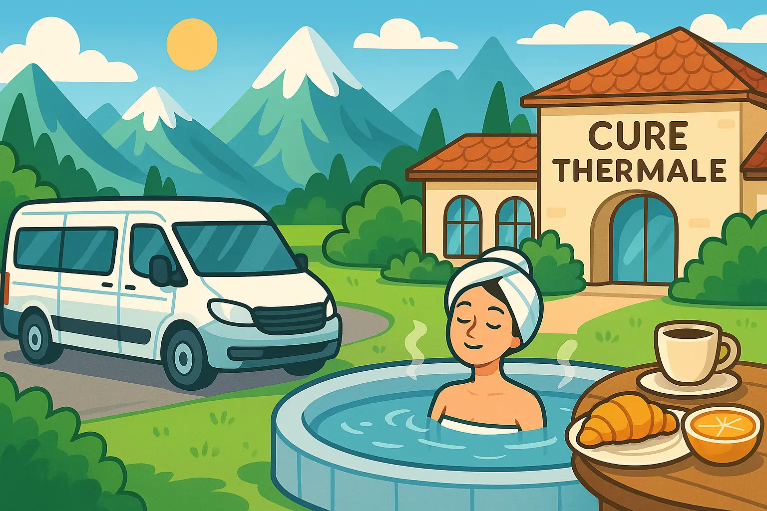 Cette illustration aux couleurs vives représente un centre de cure thermale en montagne avec une femme relaxante dans un bain à remous extérieur, un minibus garé à proximité et un plateau de petit-déjeuner sur le côté droit.