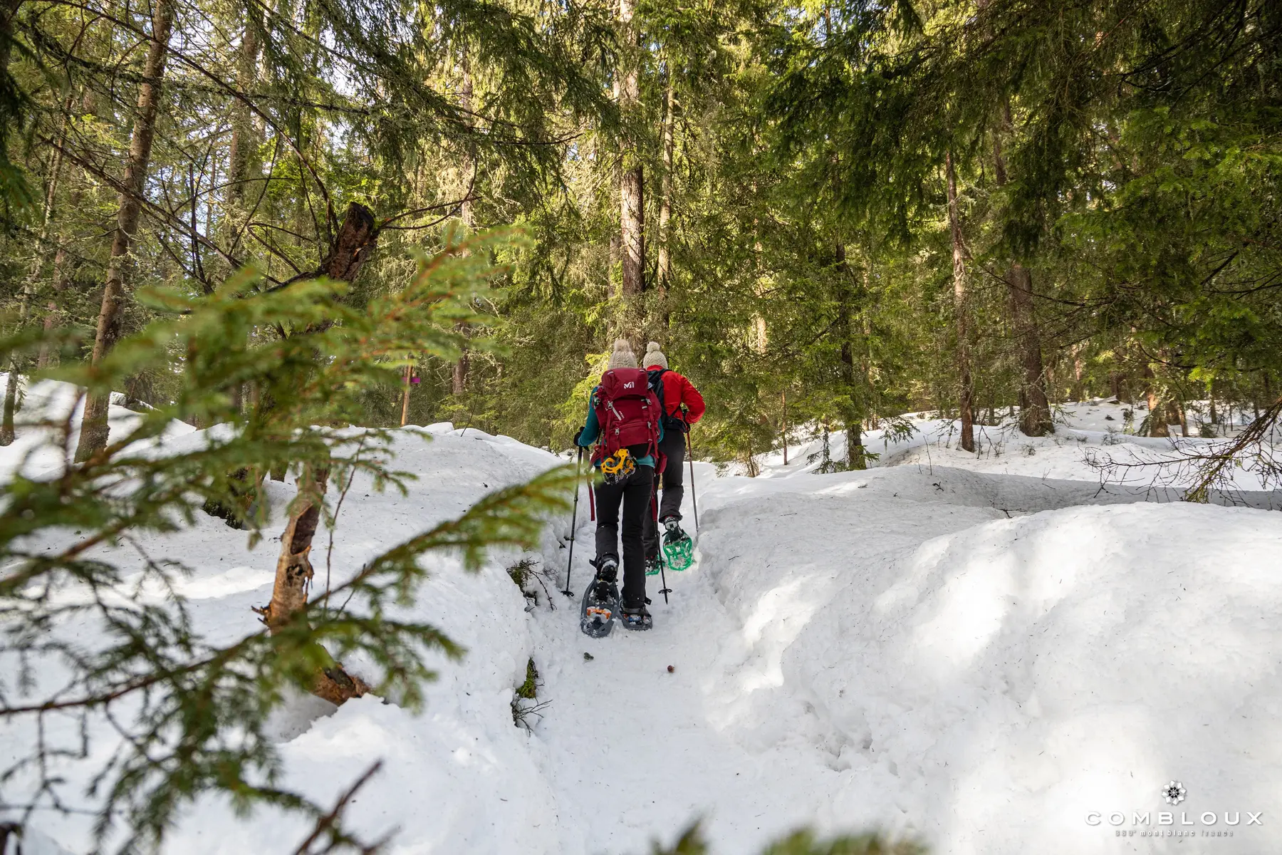 couple en raquettes dans la forêt