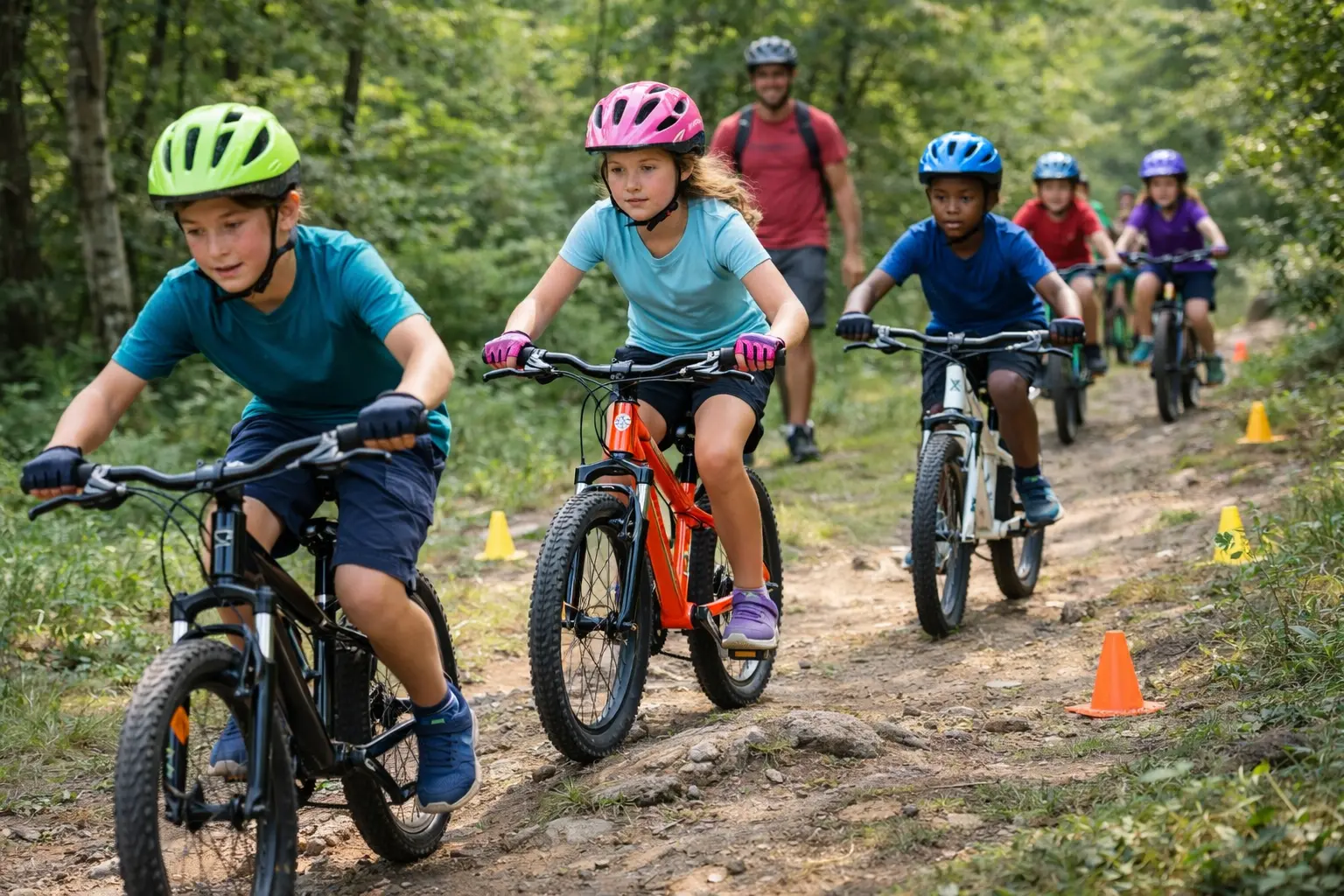 enfants de 7 à 9 ans sur des vélo en foret
