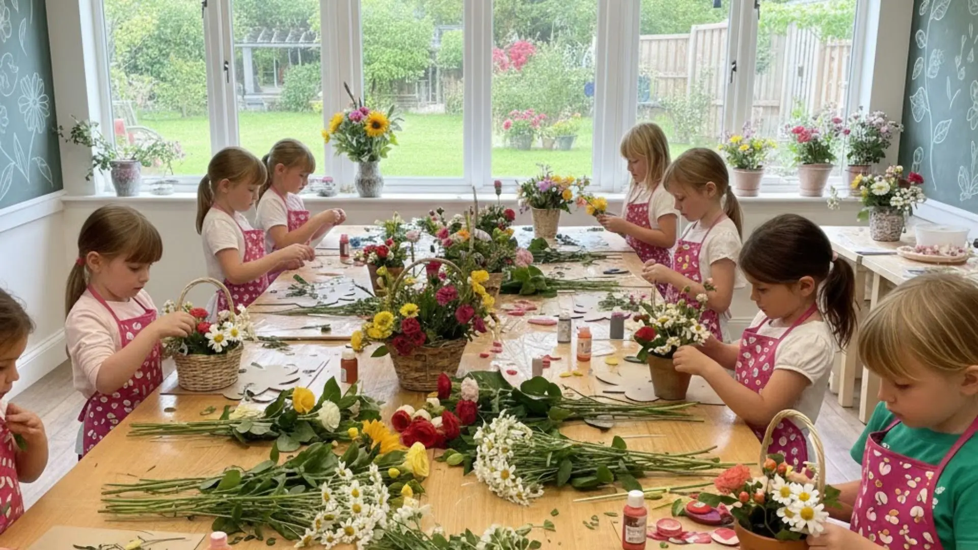 Enfants en train de créer une création florale
