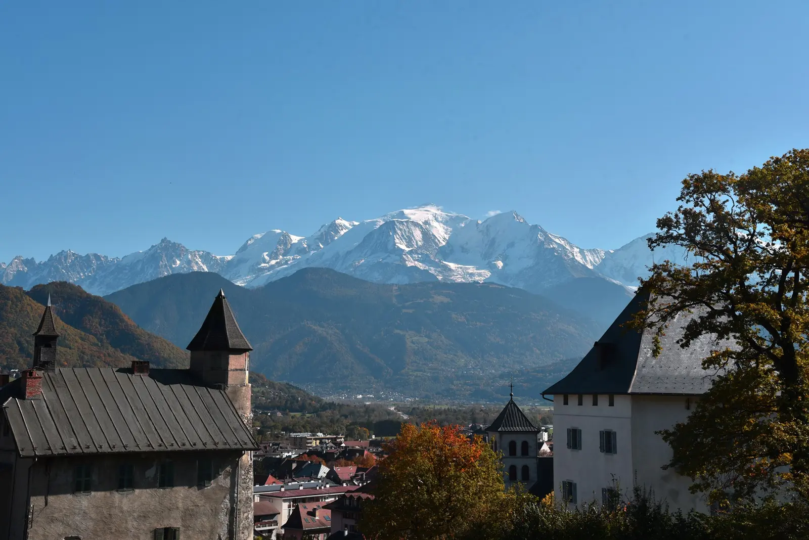 Vue sur la tour et le Mont-Blanc