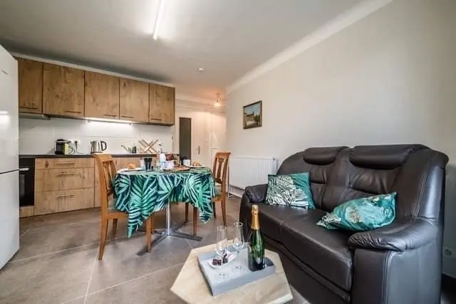 Cuisine ouverte sur le séjour avec table à manger