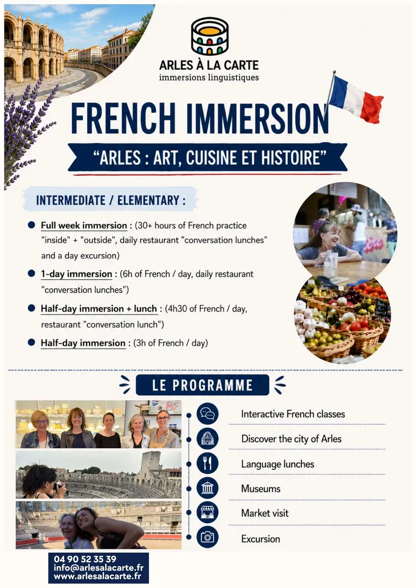 Join one of our small group French immersion programs, with just 4-8 participants, based on the theme of « Art, cuisine et histoire » with classes, guided discoveries, a cooking class or other interactive workshops, tastings and a day excursion, getting you speaking in French throughout the week!