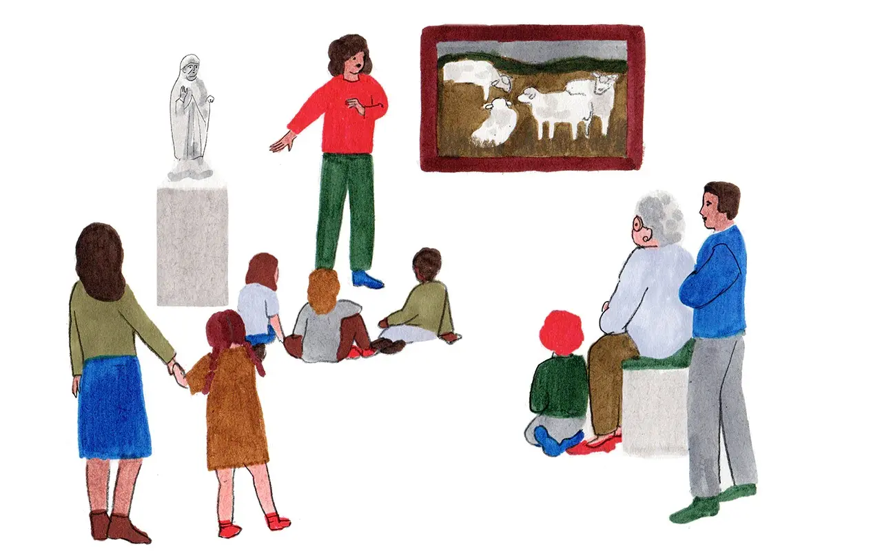 dessin qui représente une guide qui parle devant des familles