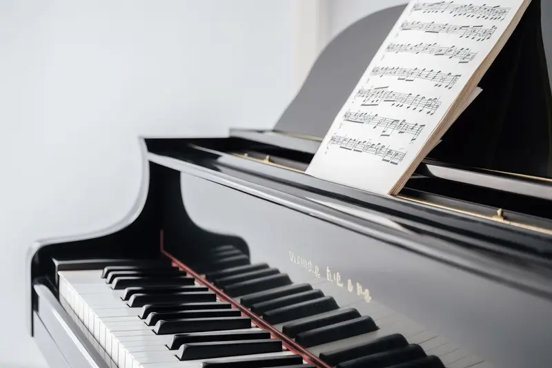 Elegant grand piano with sheet music isolated on white background. Close up. Ai generative