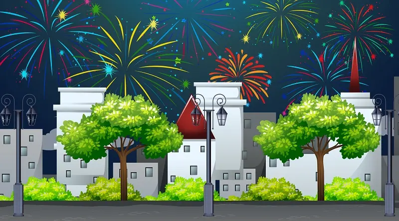 Cityscape with celebration fireworks scene