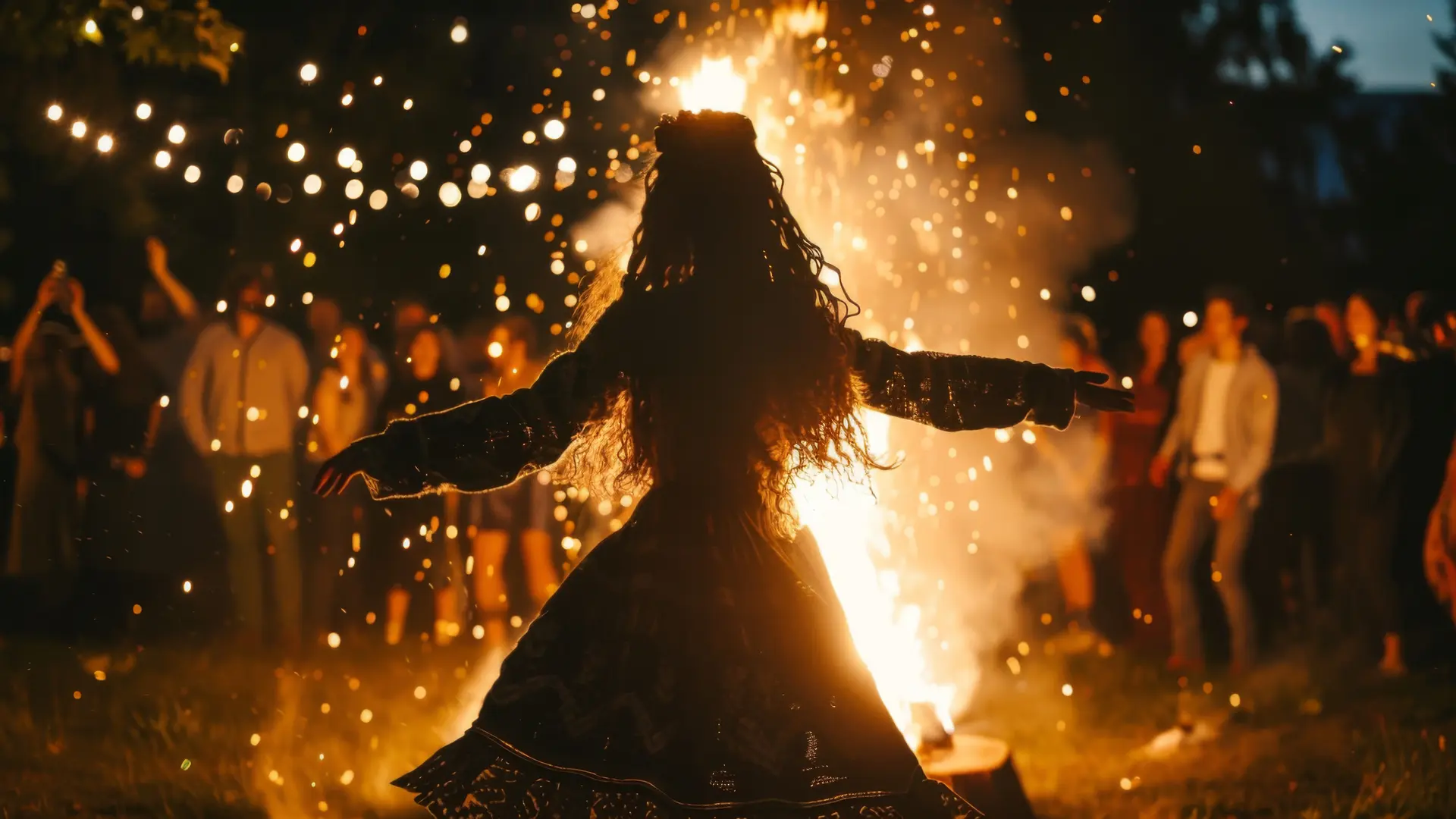 Woman dancing around bonfire at night with people around. Summer Solstice Day, Midsummer, Litha, Ivan Kupala celebration. Slavic pagan holiday. Wiccan ritual, witchcore aesthetics.